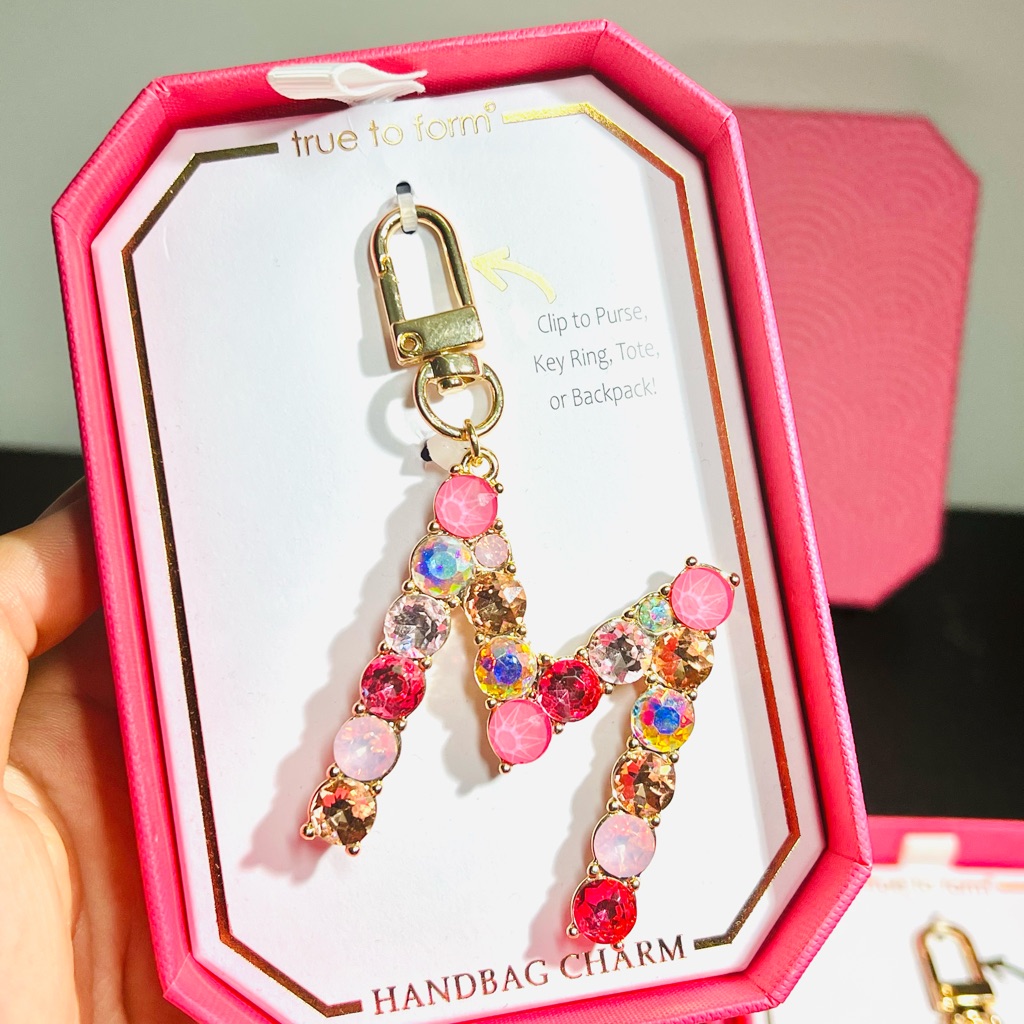 Handbang Charm Keychain Letter M Initial M Pink Diamond Crystal Gem